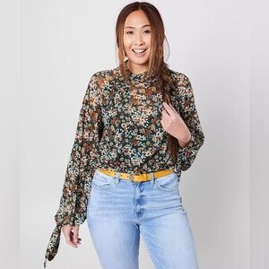 Free People All Dolled Up Mesh Long Sleeve Cropped Floral Top Blouse Green Small